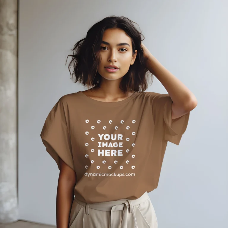 Woman Wearing Brown T-shirt Mockup Front View Template