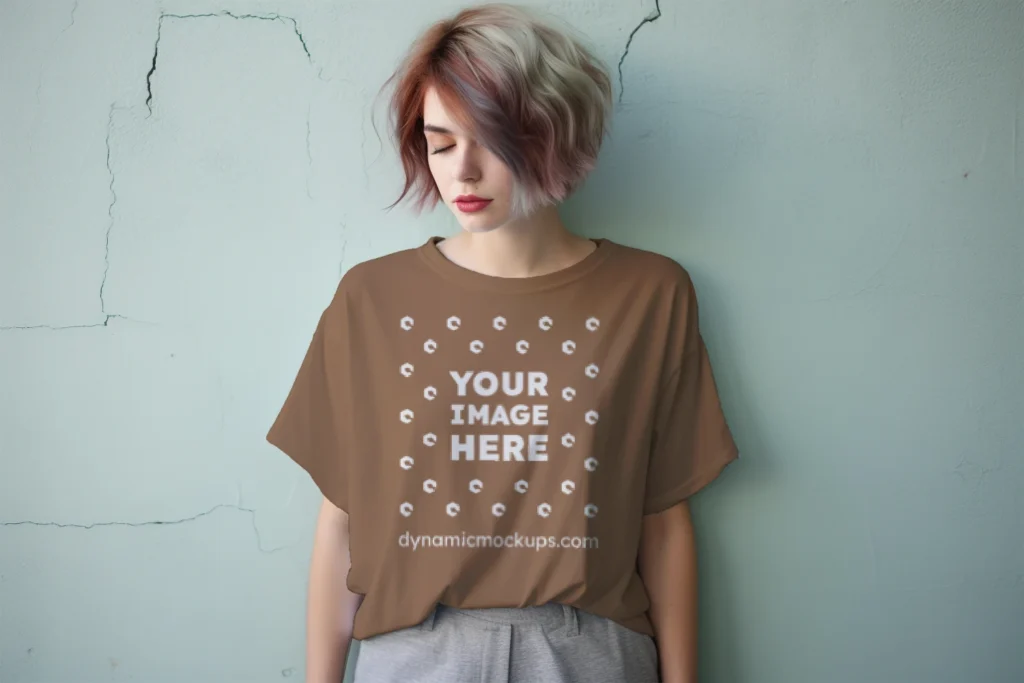 Woman Wearing Brown T-shirt Mockup Front View Template