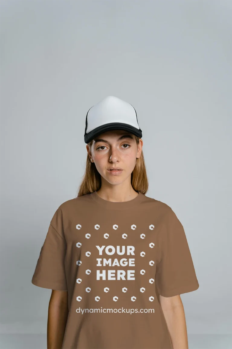 Woman Wearing Brown T-shirt Mockup Front View Template