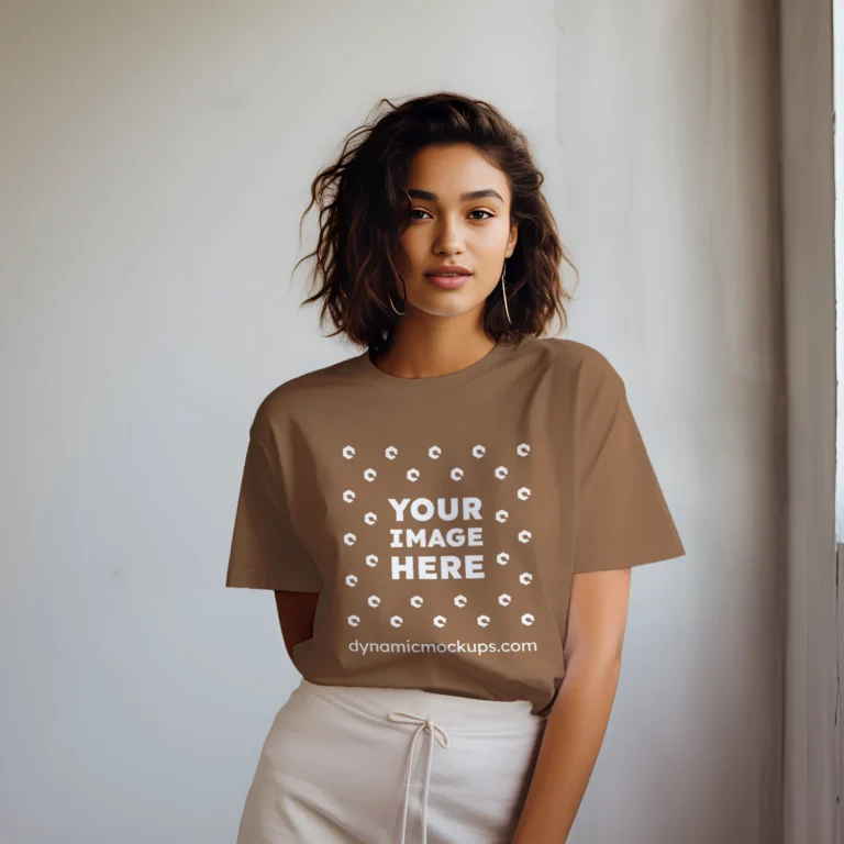 Woman Wearing Brown T-shirt Mockup Front View Template