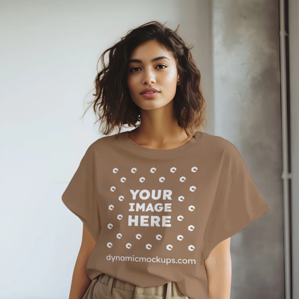 Woman Wearing Brown T-shirt Mockup Front View Template