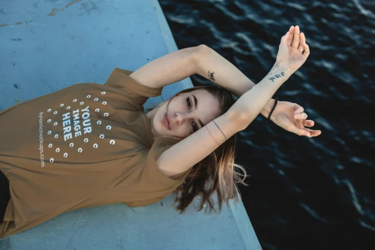 Woman Wearing Brown T-shirt Mockup Front View Template