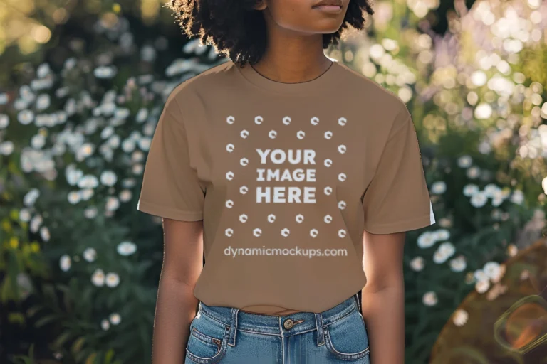 Woman Wearing Brown T-shirt Mockup Front View Template