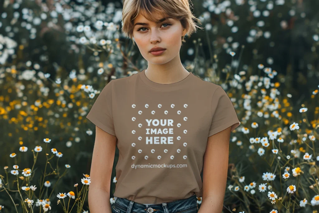 Woman Wearing Brown T-shirt Mockup Front View Template