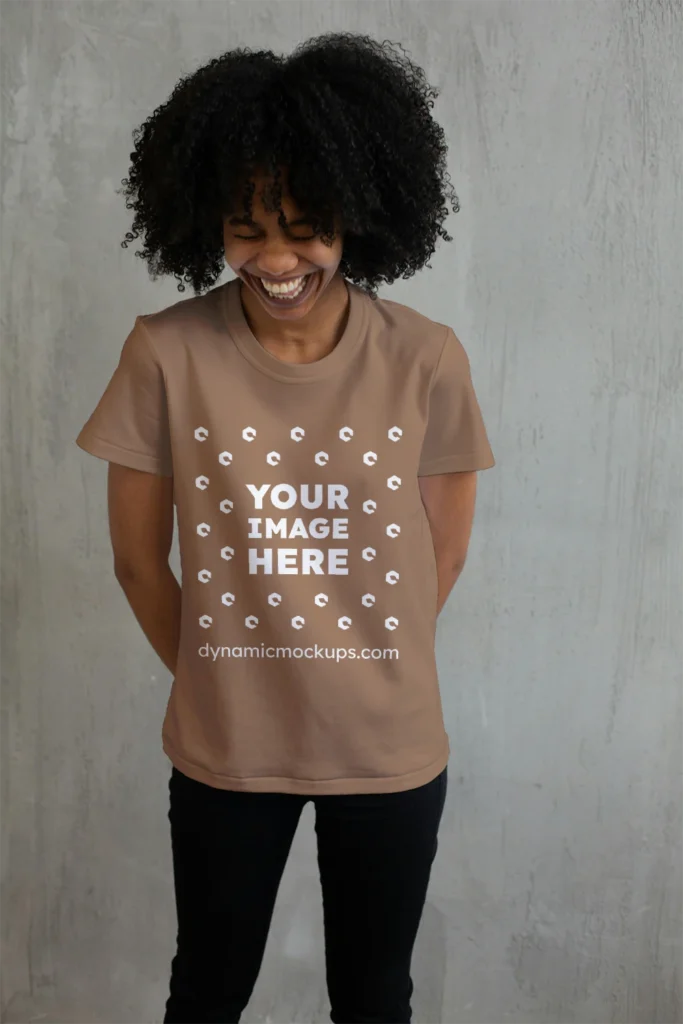 Woman Wearing Brown T-shirt Mockup Front View Template