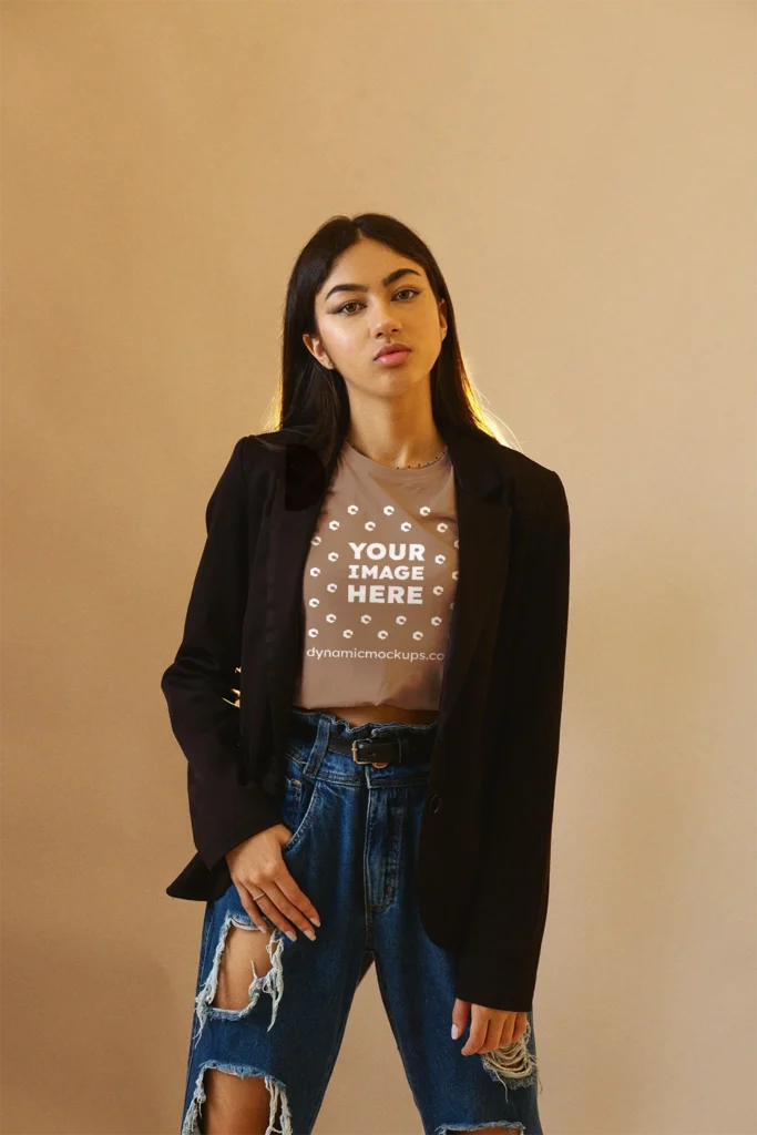 Woman Wearing Brown T-shirt Mockup Front View Template