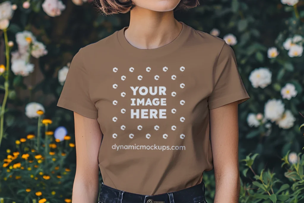 Woman Wearing Brown T-shirt Mockup Front View Template