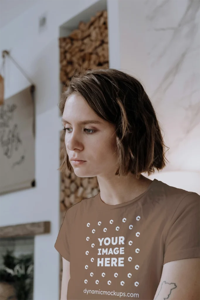 Woman Wearing Brown T-shirt Mockup Front View Template