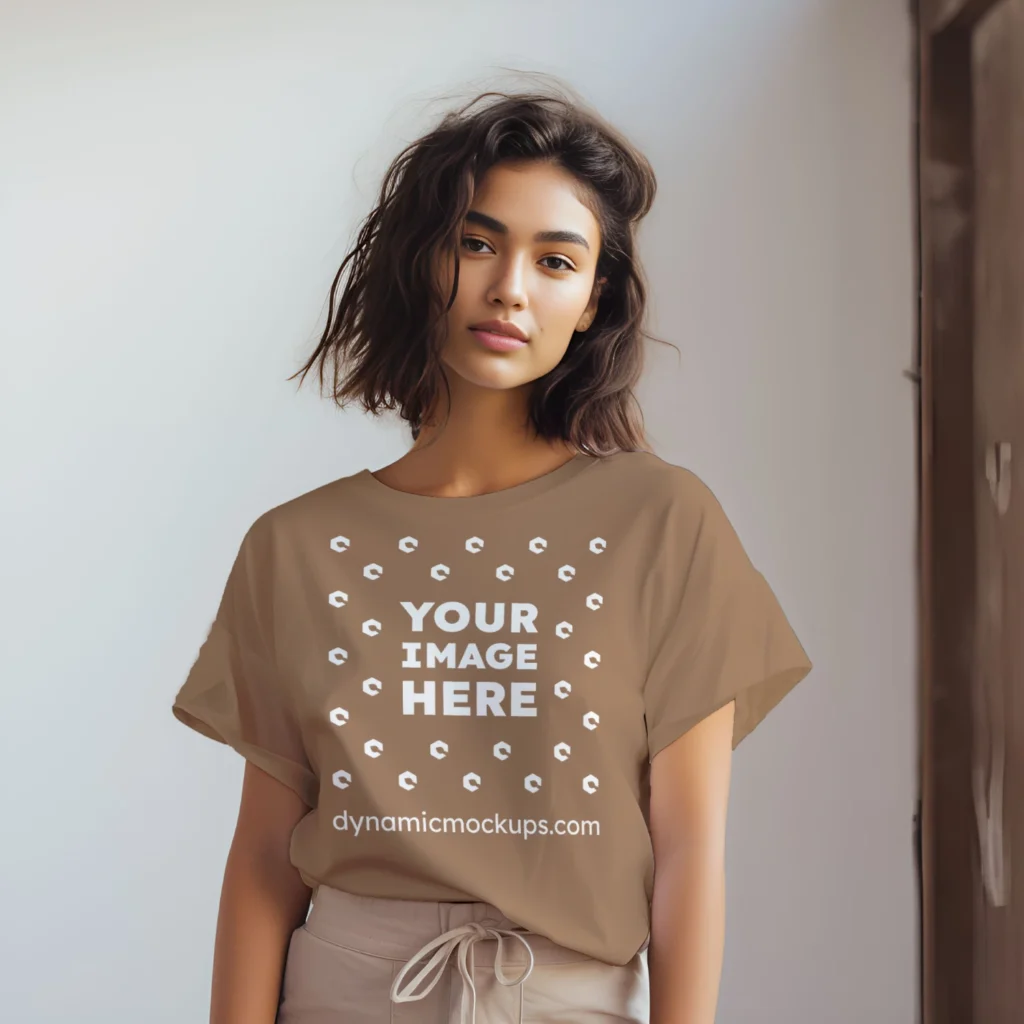 Woman Wearing Brown T-shirt Mockup Front View Template