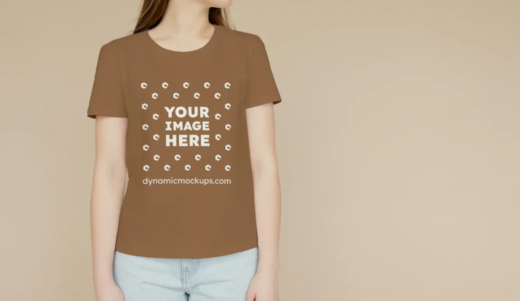 Woman Wearing Brown T-shirt Mockup Front View Template