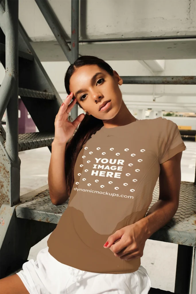 Woman Wearing Brown T-shirt Mockup Front View Template