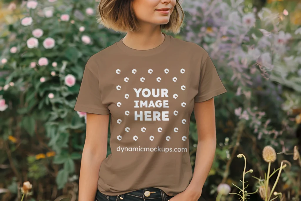 Woman Wearing Brown T-shirt Mockup Front View Template