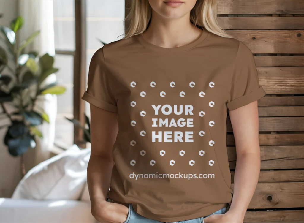 Woman Wearing Brown T-shirt Mockup Front View Template