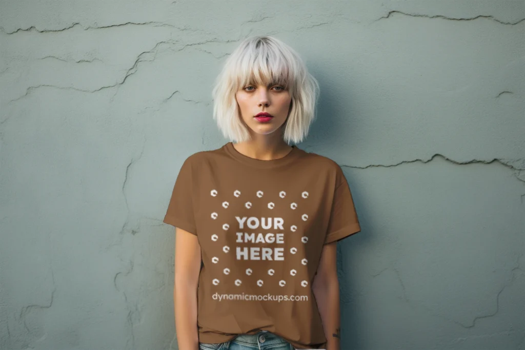 Woman Wearing Brown T-shirt Mockup Front View Template