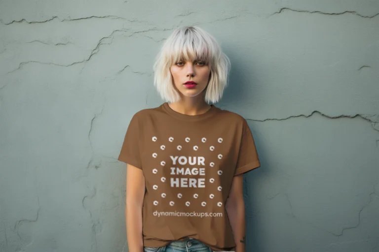 Woman Wearing Brown T-shirt Mockup Front View Template