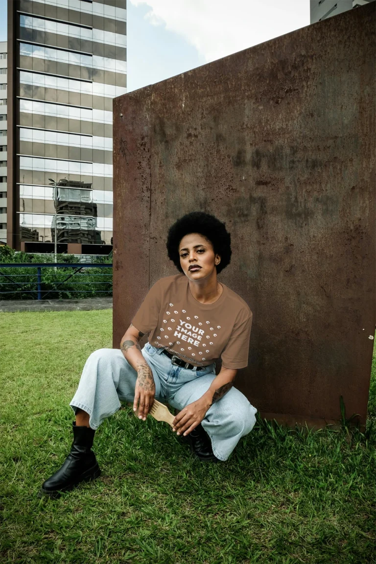 Woman Wearing Brown T-shirt Mockup Front View Template