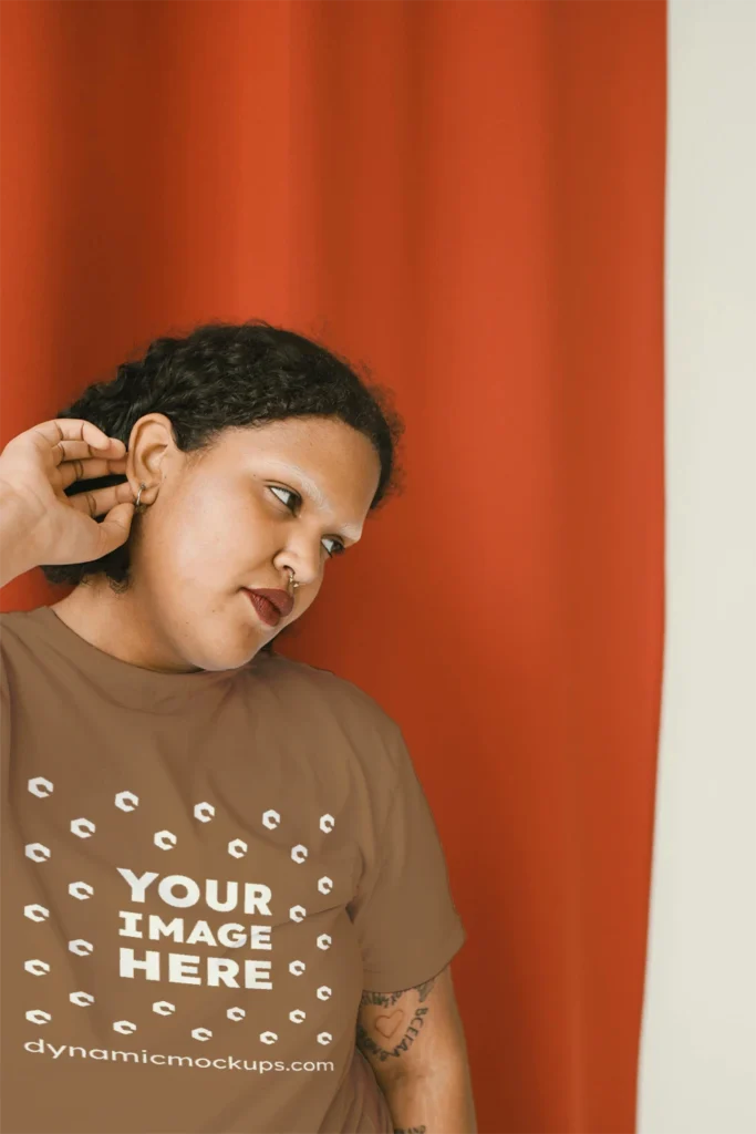 Woman Wearing Brown T-shirt Mockup Front View Template