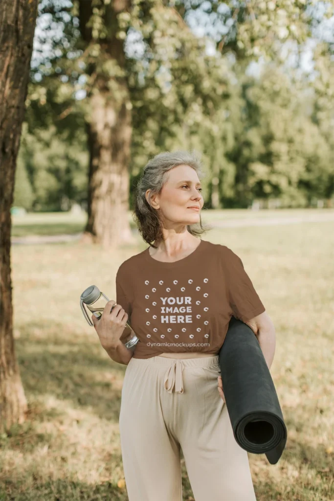 Woman Wearing Brown T-shirt Mockup Front View Template