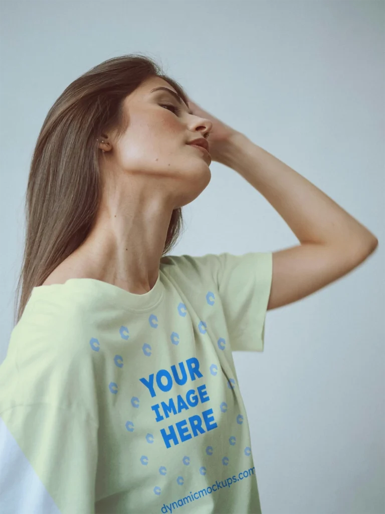 Woman Wearing Cream T-shirt Mockup Front View Template