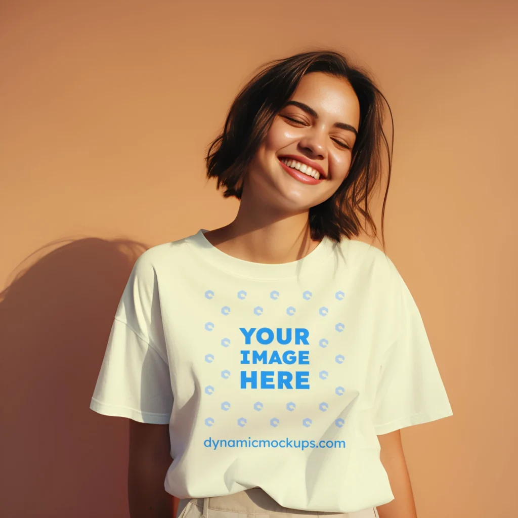 Woman Wearing Cream T-shirt Mockup Front View Template