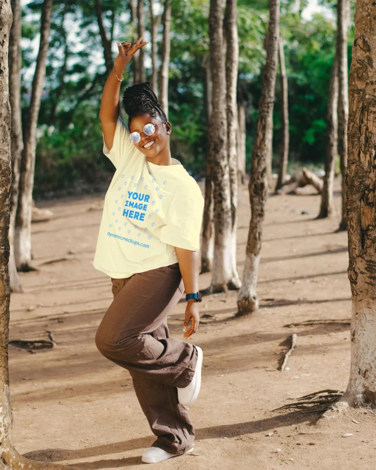 Woman Wearing Cream T-shirt Mockup Front View Template