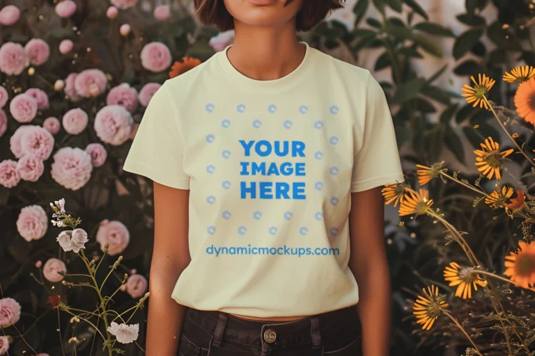 Woman Wearing Cream T-shirt Mockup Front View Template