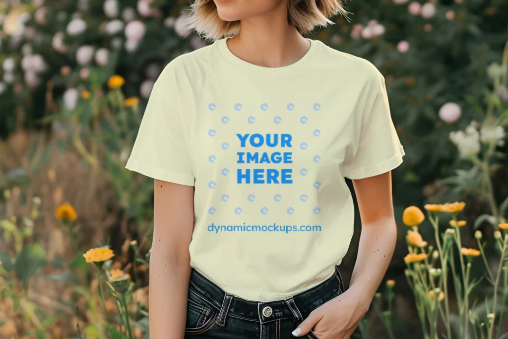 Woman Wearing Cream T-shirt Mockup Front View Template