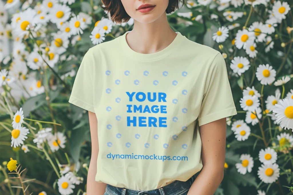 Woman Wearing Cream T-shirt Mockup Front View Template