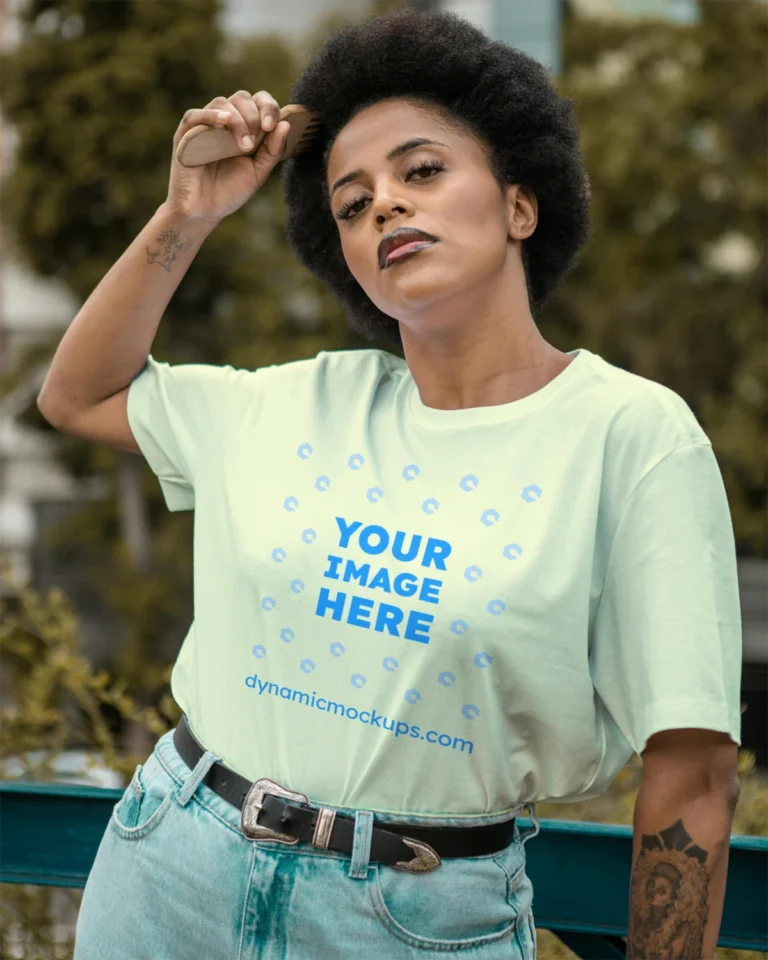 Woman Wearing Cream T-shirt Mockup Front View Template