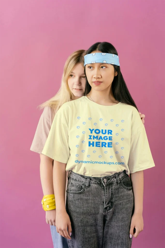 Woman Wearing Cream T-shirt Mockup Front View Template