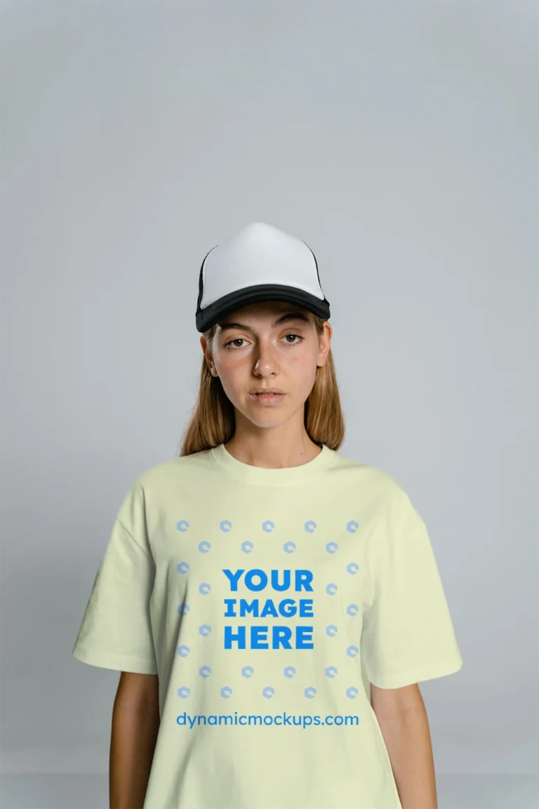 Woman Wearing Cream T-shirt Mockup Front View Template