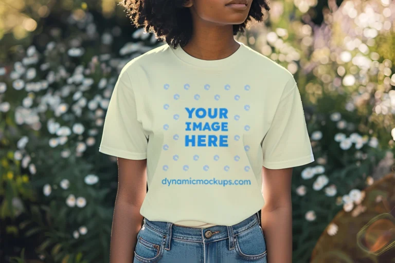 Woman Wearing Cream T-shirt Mockup Front View Template