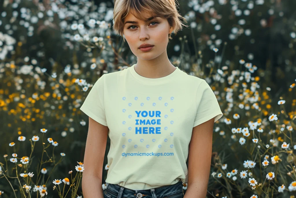 Woman Wearing Cream T-shirt Mockup Front View Template