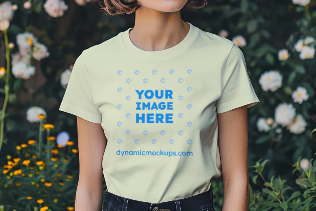 Woman Wearing Cream T-shirt Mockup Front View Template