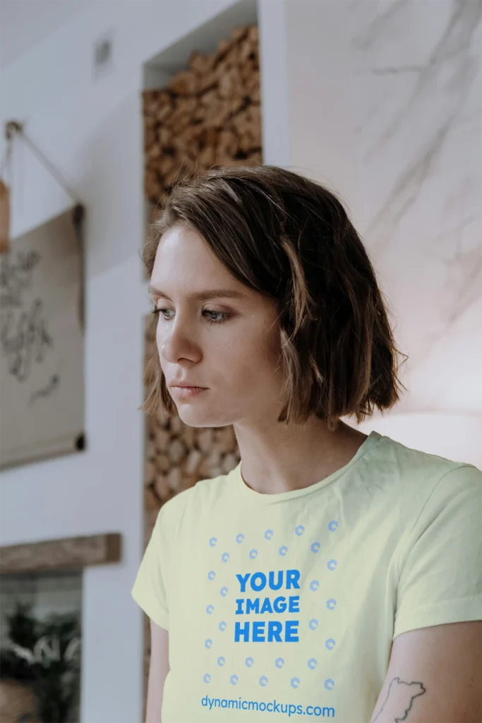 Woman Wearing Cream T-shirt Mockup Front View Template