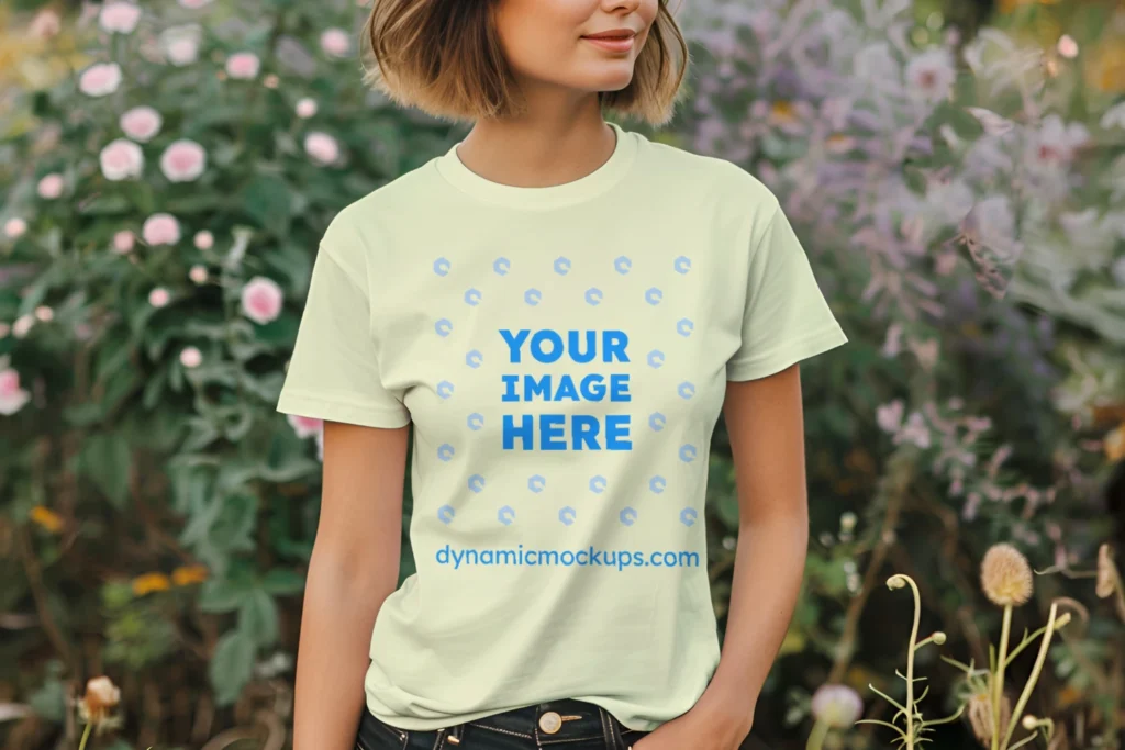 Woman Wearing Cream T-shirt Mockup Front View Template