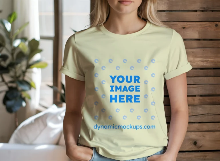 Woman Wearing Cream T-shirt Mockup Front View Template