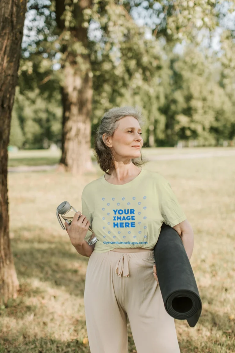 Woman Wearing Cream T-shirt Mockup Front View Template