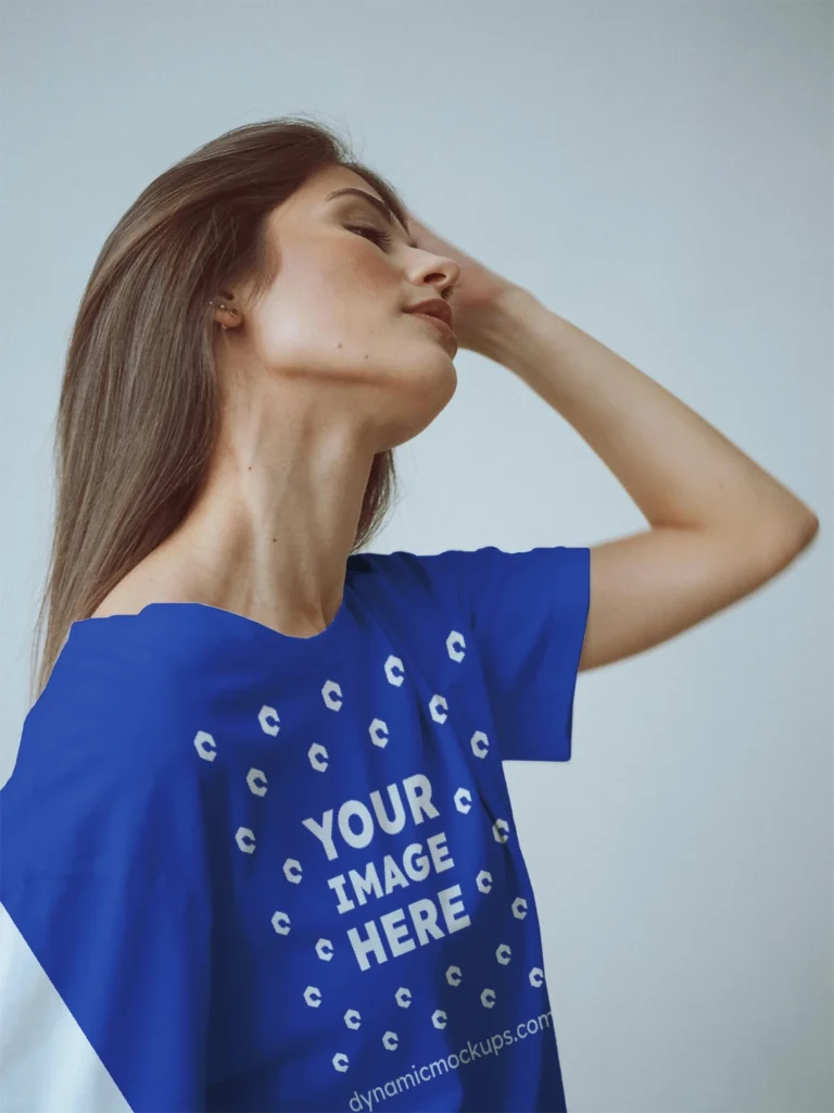 Woman Wearing Dark Blue T-shirt Mockup Front View Template