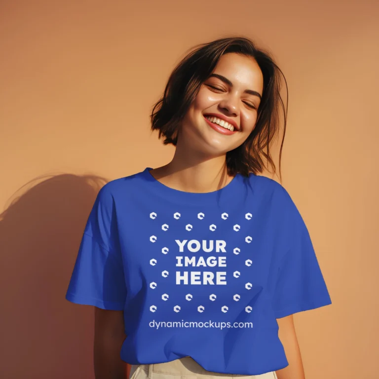 Woman Wearing Dark Blue T-shirt Mockup Front View Template