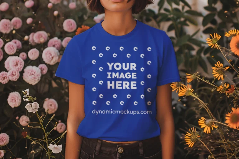 Woman Wearing Dark Blue T-shirt Mockup Front View Template