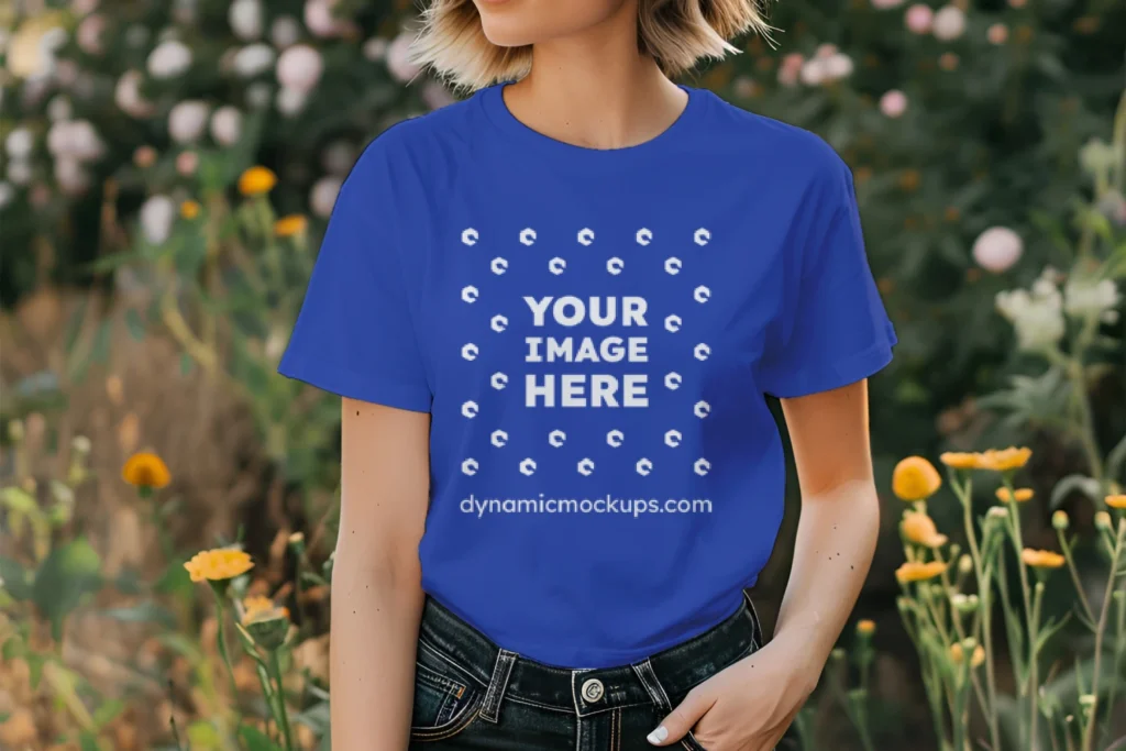 Woman Wearing Dark Blue T-shirt Mockup Front View Template