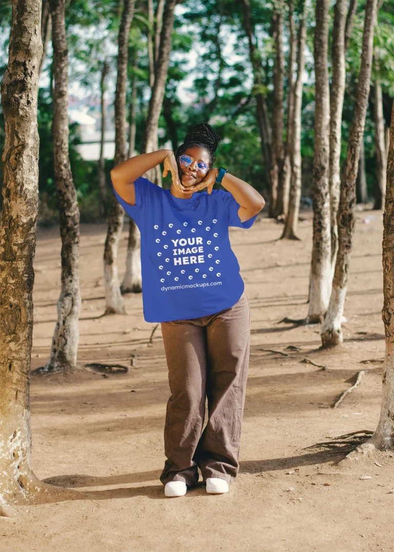 Woman Wearing Dark Blue T-shirt Mockup Front View Template