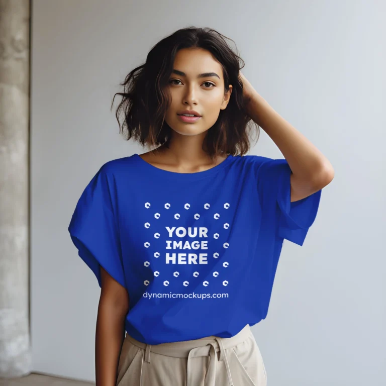 Woman Wearing Dark Blue T-shirt Mockup Front View Template