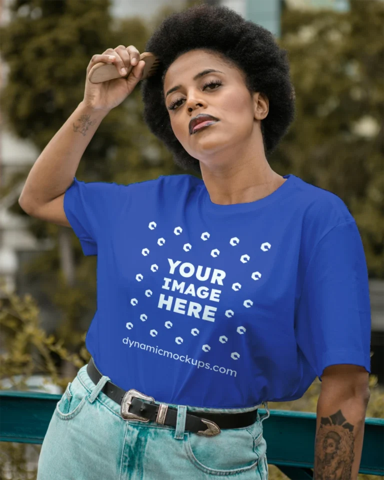 Woman Wearing Dark Blue T-shirt Mockup Front View Template