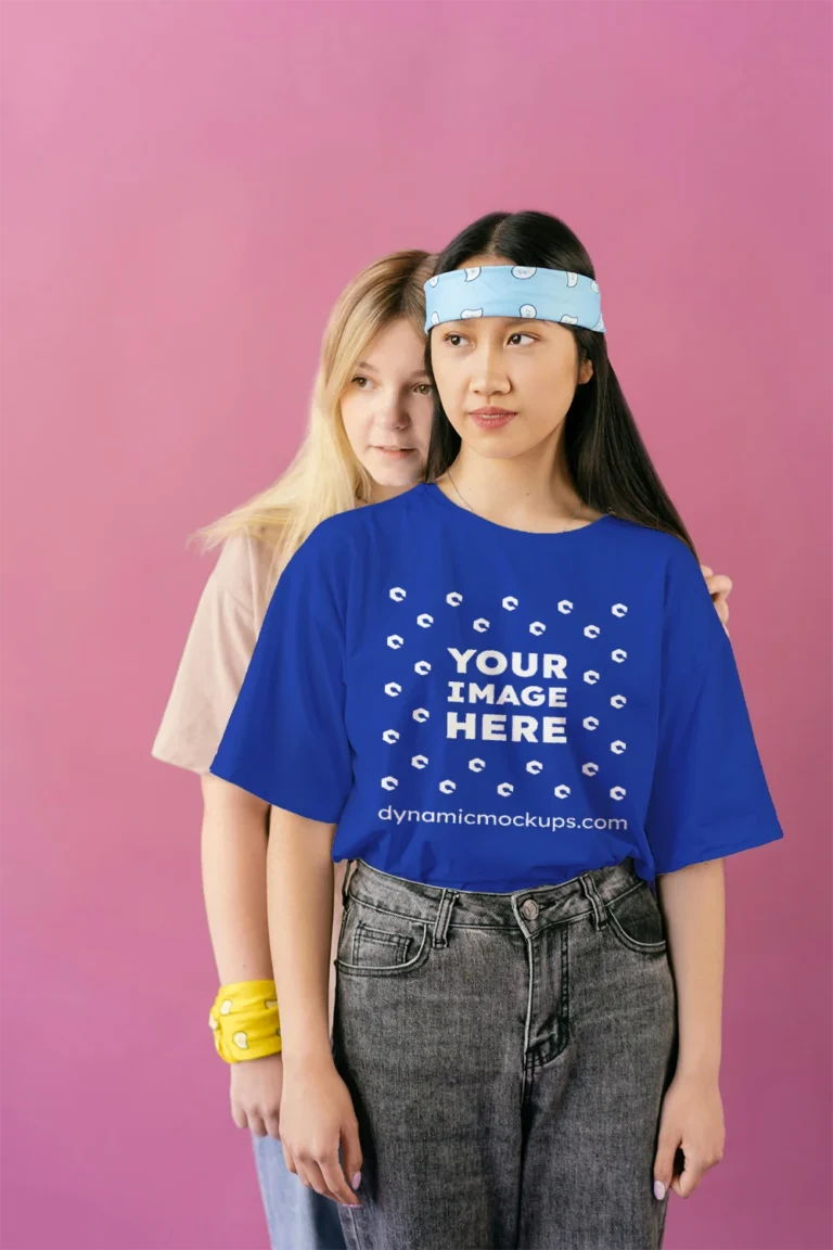 Woman Wearing Dark Blue T-shirt Mockup Front View Template