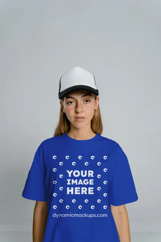 Woman Wearing Dark Blue T-shirt Mockup Front View Template