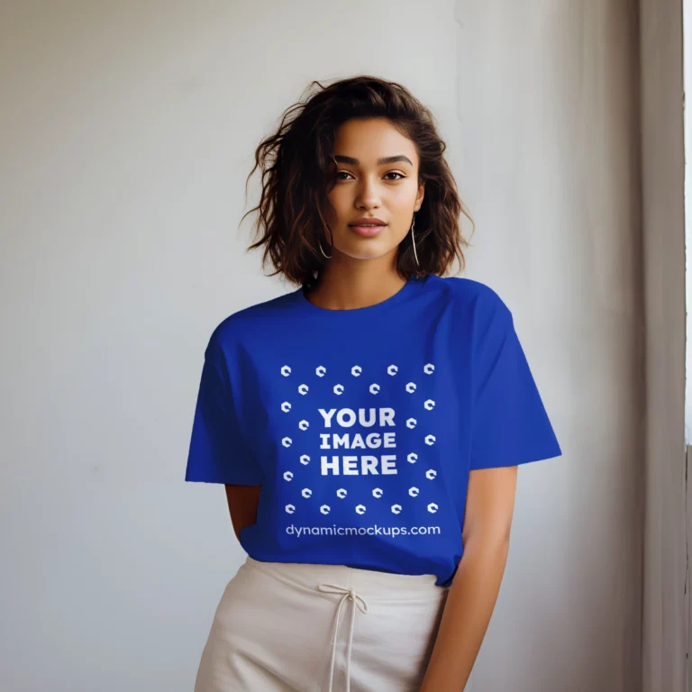 Woman Wearing Dark Blue T-shirt Mockup Front View Template