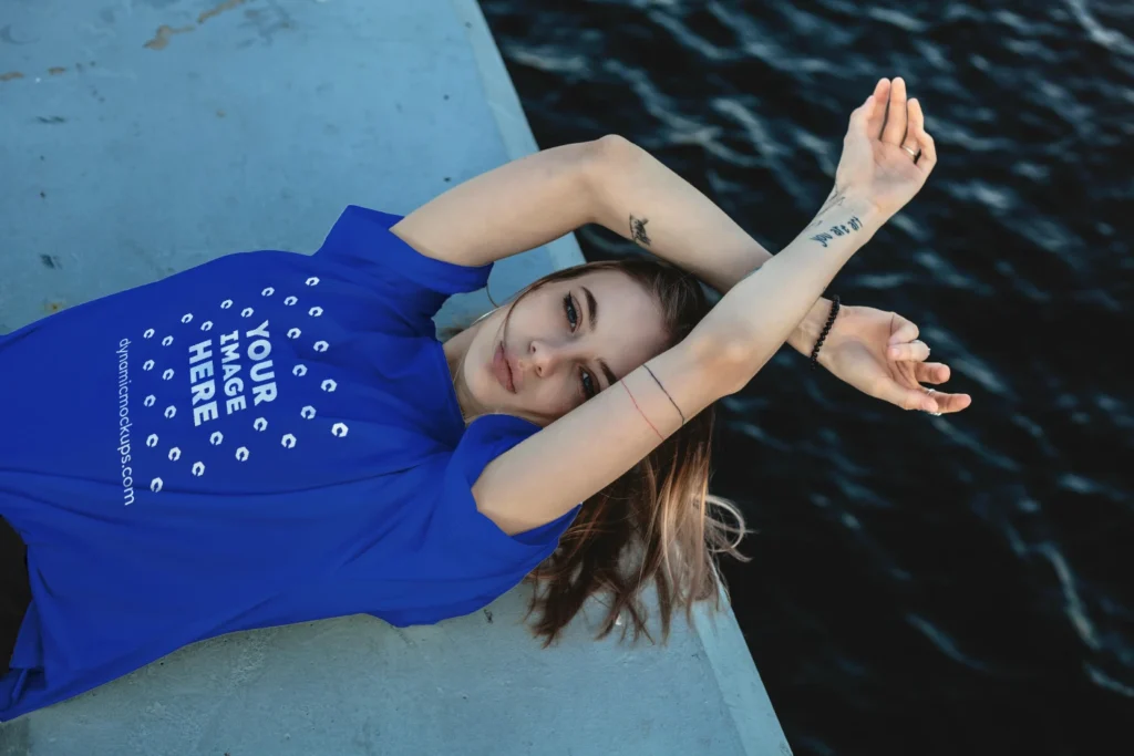 Woman Wearing Dark Blue T-shirt Mockup Front View Template