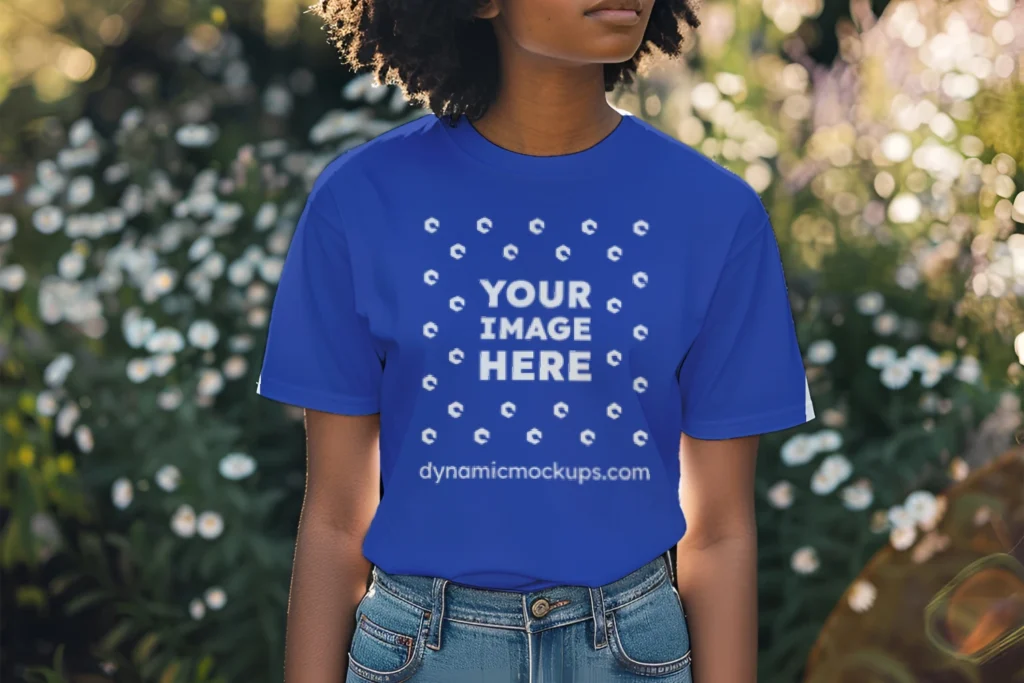 Woman Wearing Dark Blue T-shirt Mockup Front View Template